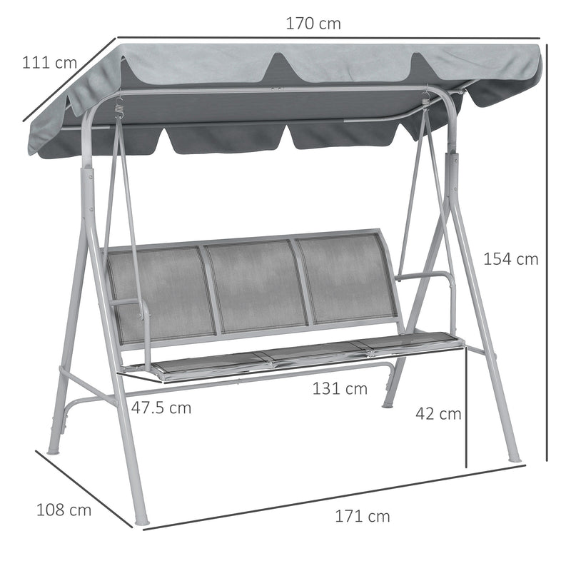 Light Grey 3 Seater Metal Garden Swing Chair With Canopy For Patio Relaxation Outsunny