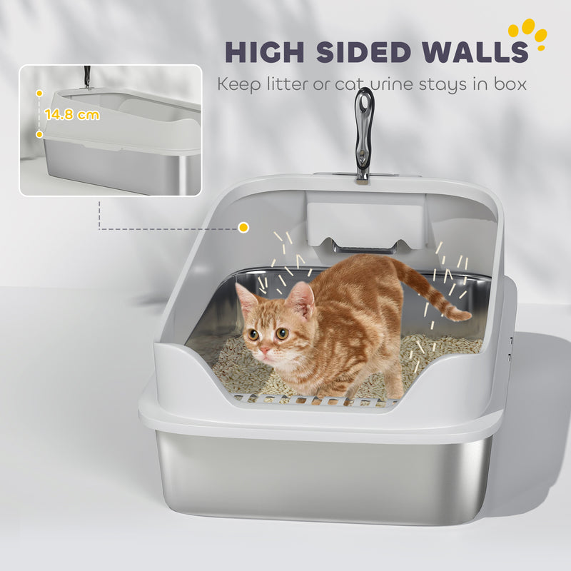 XL Stainless Steel Cat Litter Box with High Sides and Scoop for Easy Cleaning, Silver