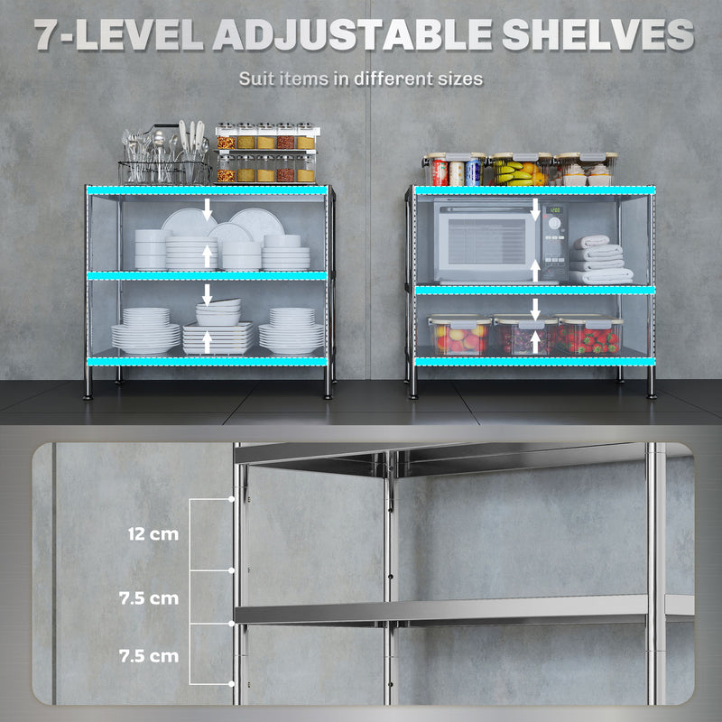 3 Tier Kitchen Bakers Rack With Adjustable Shelves For Small Spaces Storage Silver Tone