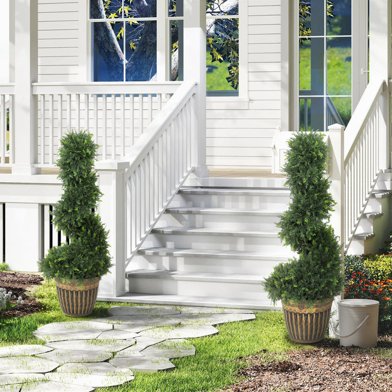 Set of 2 Spiral Topiary Artificial Cypress Trees with Pots for Indoor or Outdoor Use Green