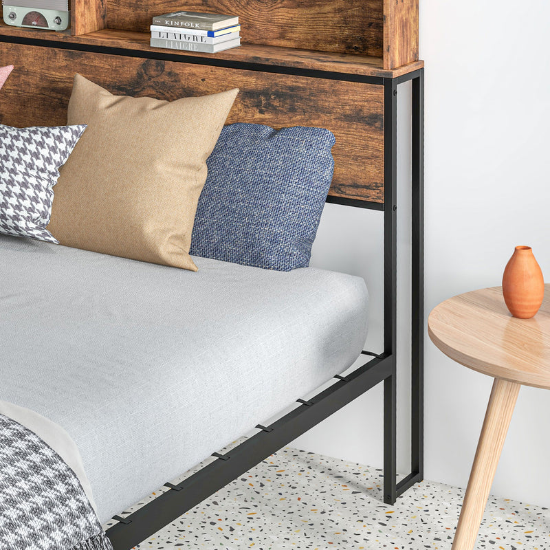 Industrial Double Bed Frame with Storage Headboard and Slatted Base for Adults Rustic Brown