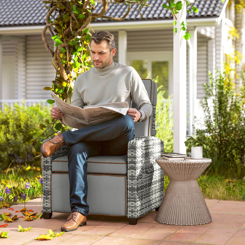 Rattan Garden Recliner Chair with Adjustable Backrest Cushion and Flip Table Mixed Grey by Outsunny