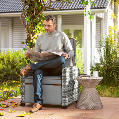 Rattan Garden Recliner Chair with Adjustable Backrest Cushion and Flip Table Mixed Grey by Outsunny