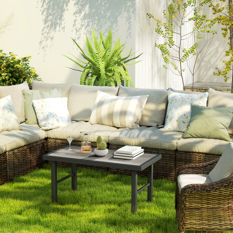 Grey Metal Rectangular Garden Coffee Table with Woodgrain SPC Tabletop for Outdoor Use by Outsunny