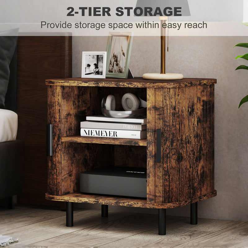 Nordic Bedside Table With Sliding Roller Doors And Metal Legs For Bedroom Rustic Brown