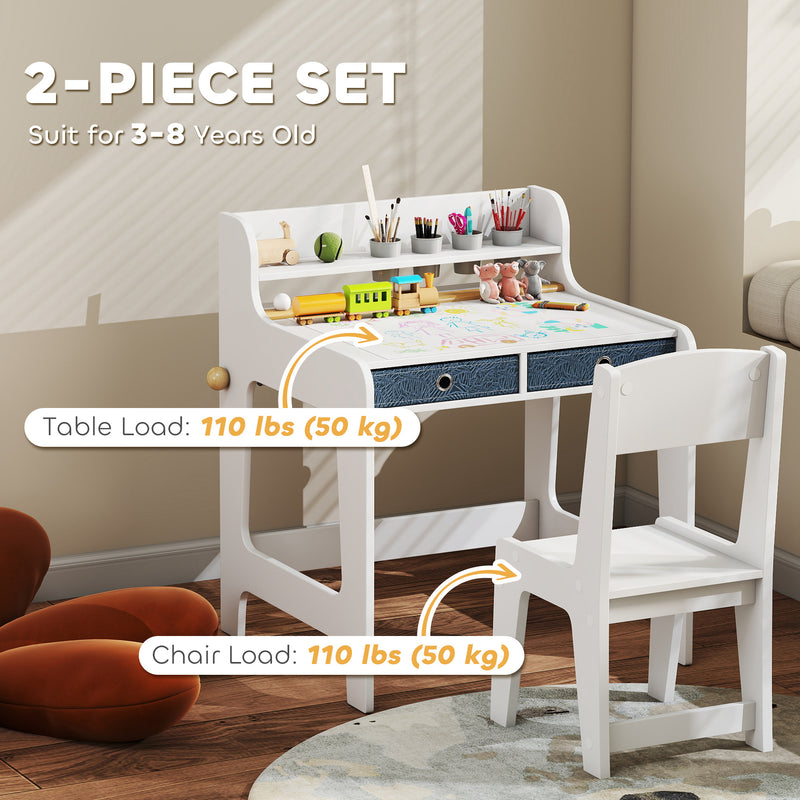 Kids Art Table and Chair Set with Storage Shelf and Drawers Ideal for Creative Play White AOSOM