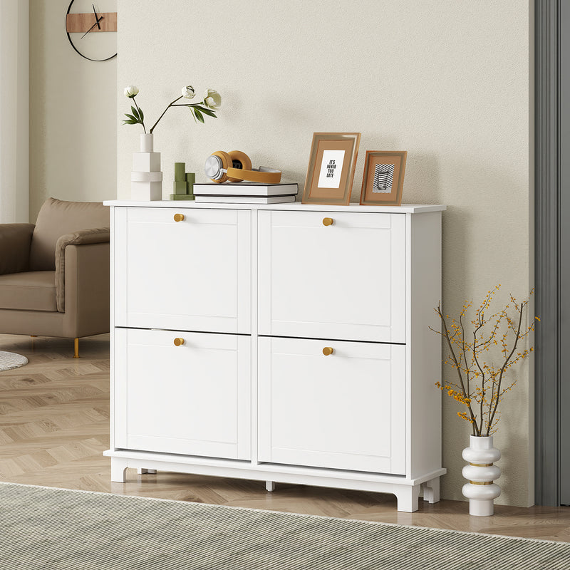 Tall Slim Shoe Storage Cabinet with 4 Flip Drawers and Adjustable Shelves, White