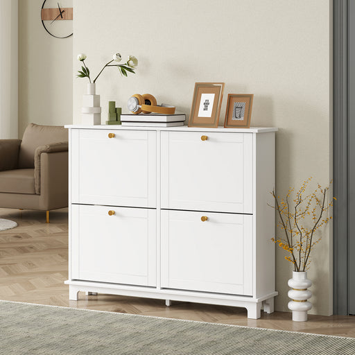 Tall Slim Shoe Storage Cabinet with 4 Flip Drawers and Adjustable Shelves, White