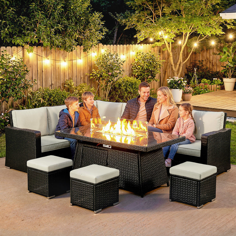Rattan Garden Furniture Set with Gas Fire Pit Table for Warm Outdoor Dining and Relaxing Cream White