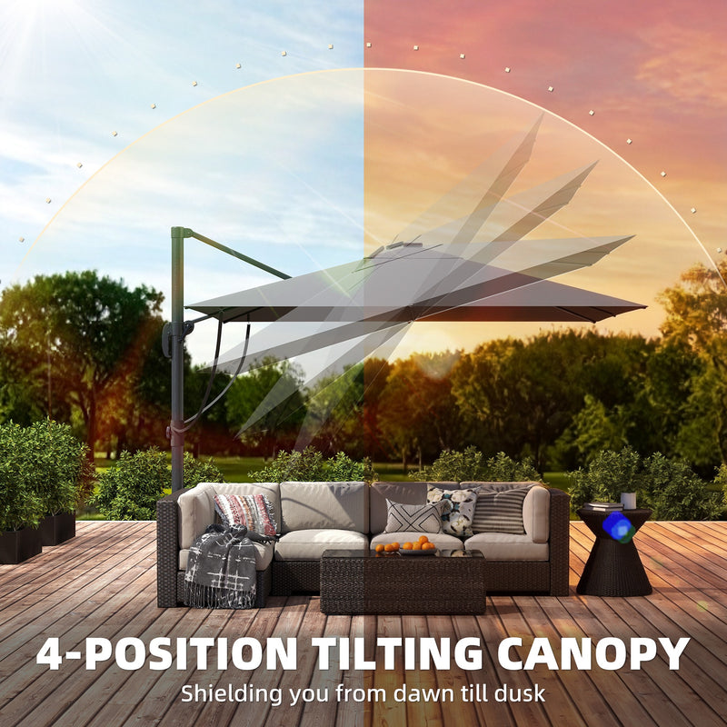 Square Cantilever Parasol with Lights and UPF 30+ Adjustable Shade for Patio, Light Grey