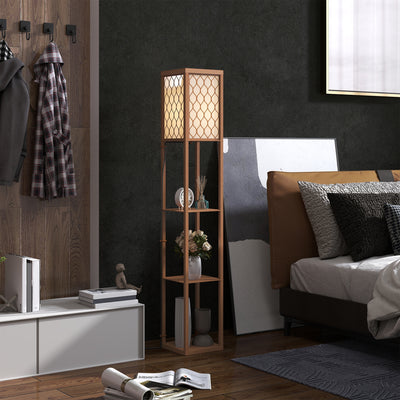 Three Shelf Wooden Standing Floor Lamp with Linen Shade for Living Room by HOMCOM