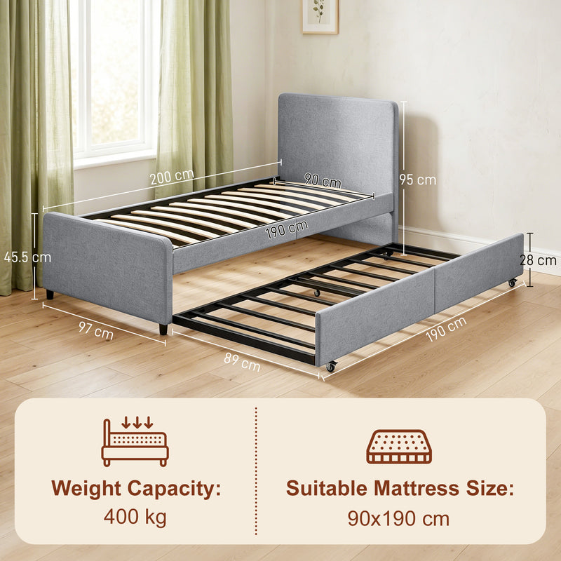 Pull Out Guest Bed Frame with Trundle for Small Spaces Upholstered Backrest