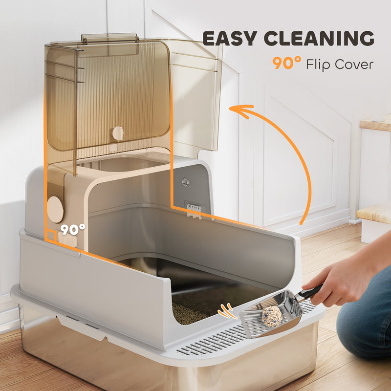 XXL Stainless Steel Covered Cat Litter Box With Flip Cover And Scoop Easy To Clean, Controls Odours, Grey
