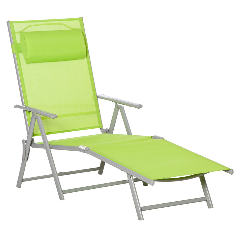 Green Folding Sun Lounger with Pillow and 7 Position Backrest for Garden and Patio Relaxing