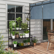 Black 3 Tier Tall Plant Stand With Hanging Hooks For Indoor Or Outdoor Display Use