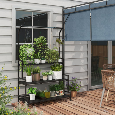Black 3 Tier Tall Plant Stand With Hanging Hooks For Indoor Or Outdoor Display Use