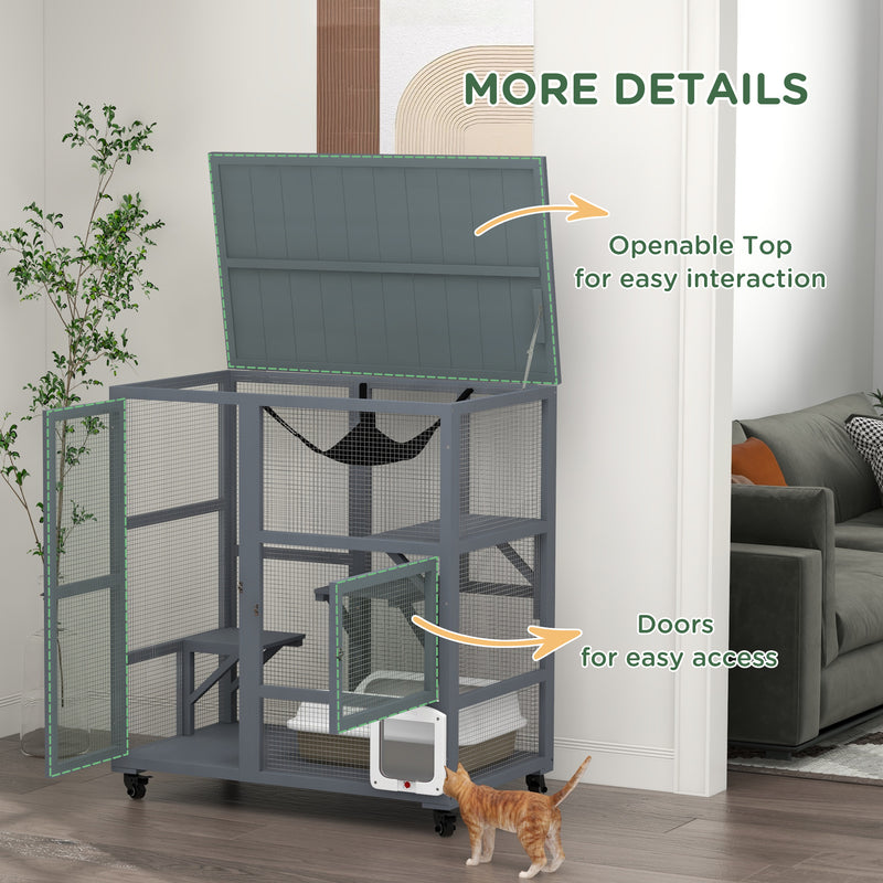 Indoor Wooden Cat Enclosure With Platforms And Hammock On Wheels For Easy Moving, Light Grey