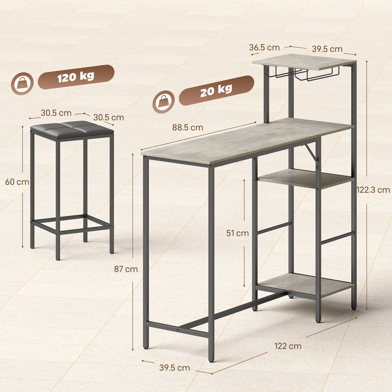 Breakfast Bar Table and Stools Set with Shelves and Wine Glass Rack for Small Spaces Washed Grey AOSOM