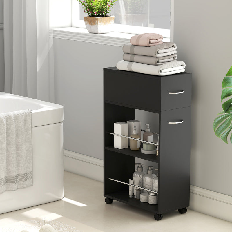 Slim Kitchen Storage Trolley with Drawer and Shelves for Narrow Spaces Black