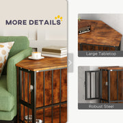 Rustic Brown Corner Dog Crate Furniture with Bowls and Lockable Doors for Small Medium Dogs by PawHut