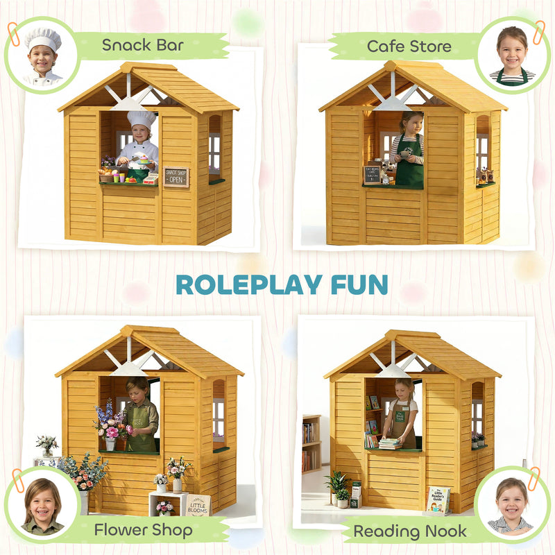Wooden Garden Playhouse for Children with Spacious Interior and Flower Boxes Brown AOSOM