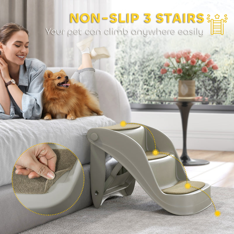 Foldable 3 Step Pet Stairs with Non Slip Mats for Small Dogs Ideal for Sofas and Beds Grey