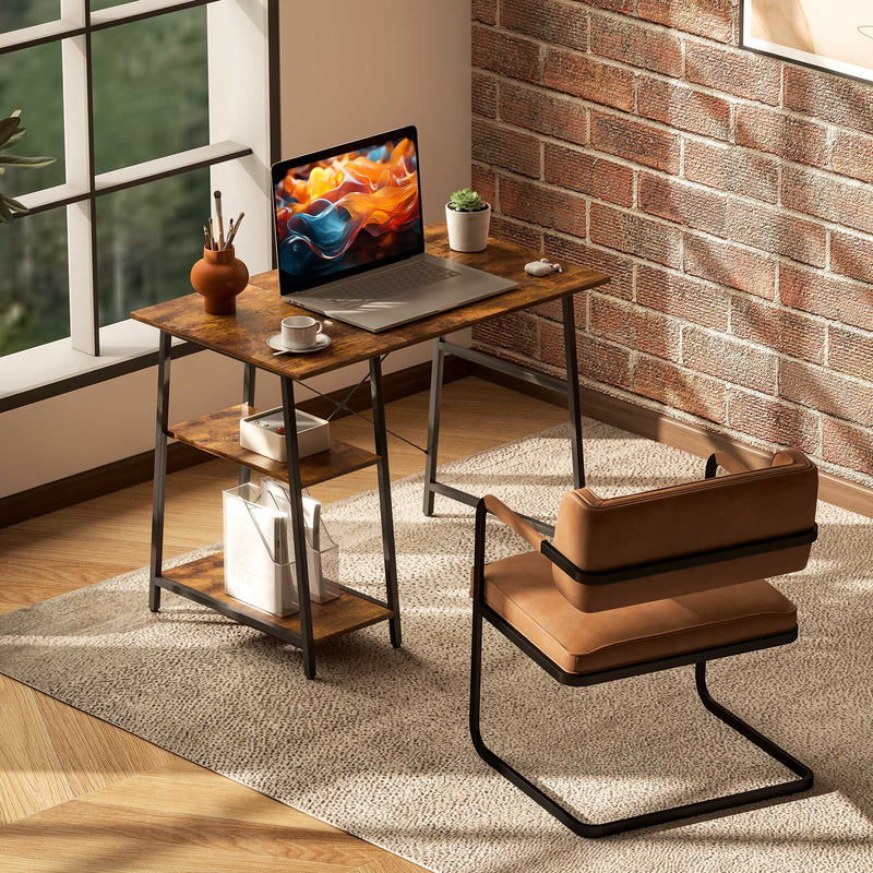 Industrial Style Brown and Black Work Desk with Storage Shelves for Home Office Use