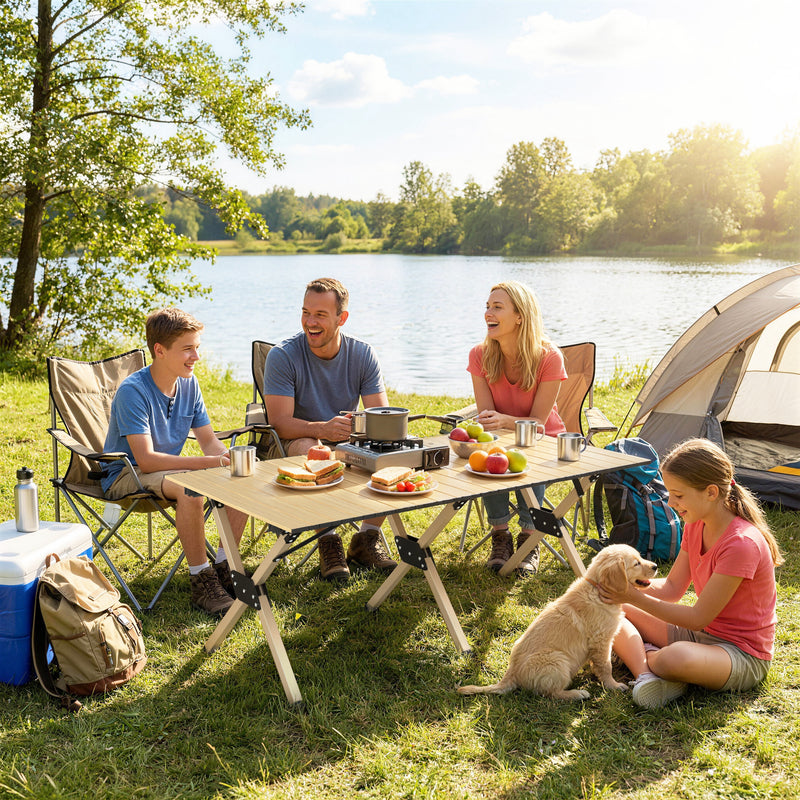 Folding Camping Table with Roll Up Top for Stable Outdoor Meals Dark Brown