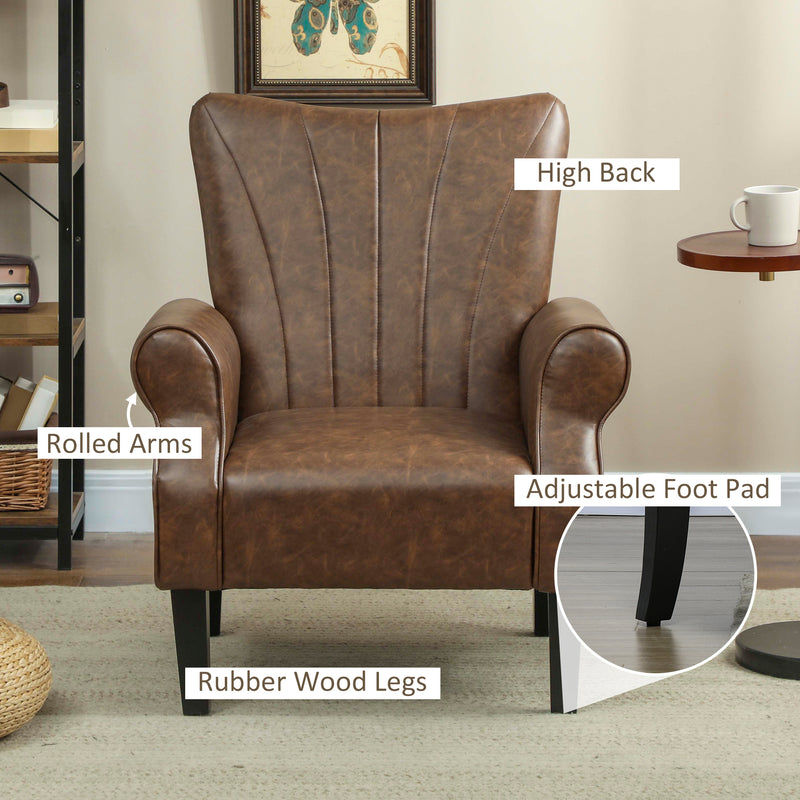 Upholstered Accent Chair with Rolled Arms and Wooden Legs for Lounge or Bedroom, Brown