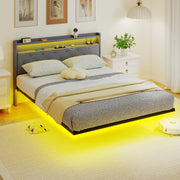 King Size Floating Bed Frame with LED Lights, Charging Ports and Storage Shelves, Grey Homcom