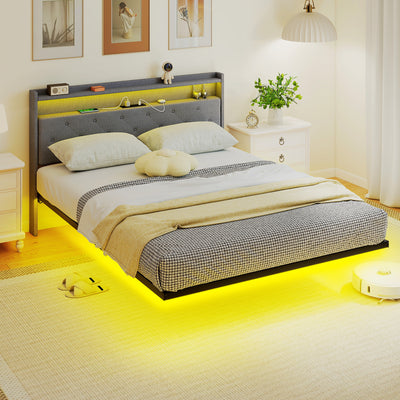 King Size Floating Bed Frame with LED Lights, Charging Ports and Storage Shelves, Grey Homcom