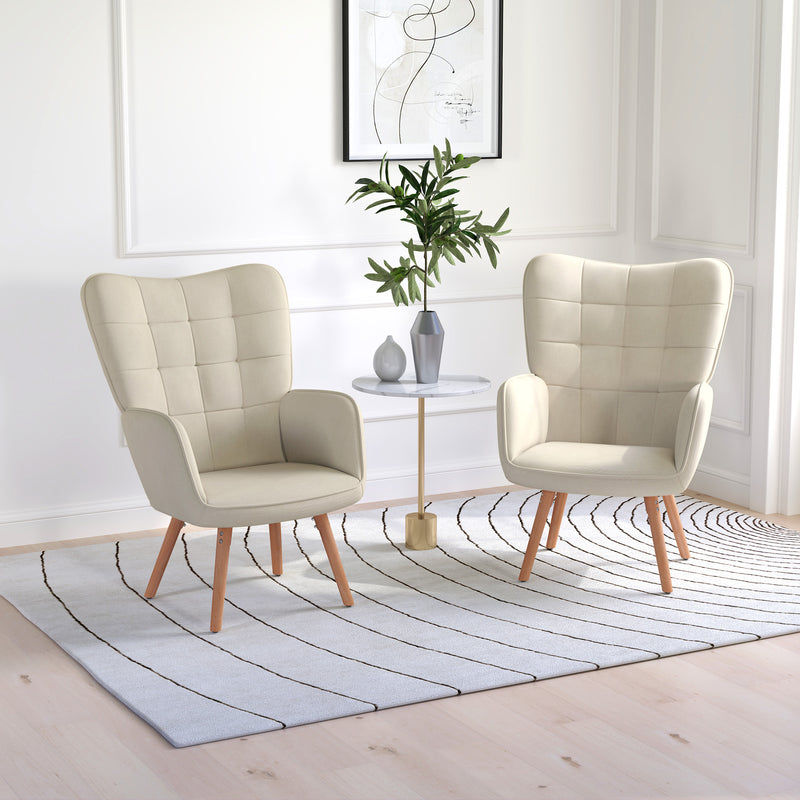 Set of 2 Velvet Wingback Armchairs with Wood Legs for Lounge or Living Room Cream White AOSOM
