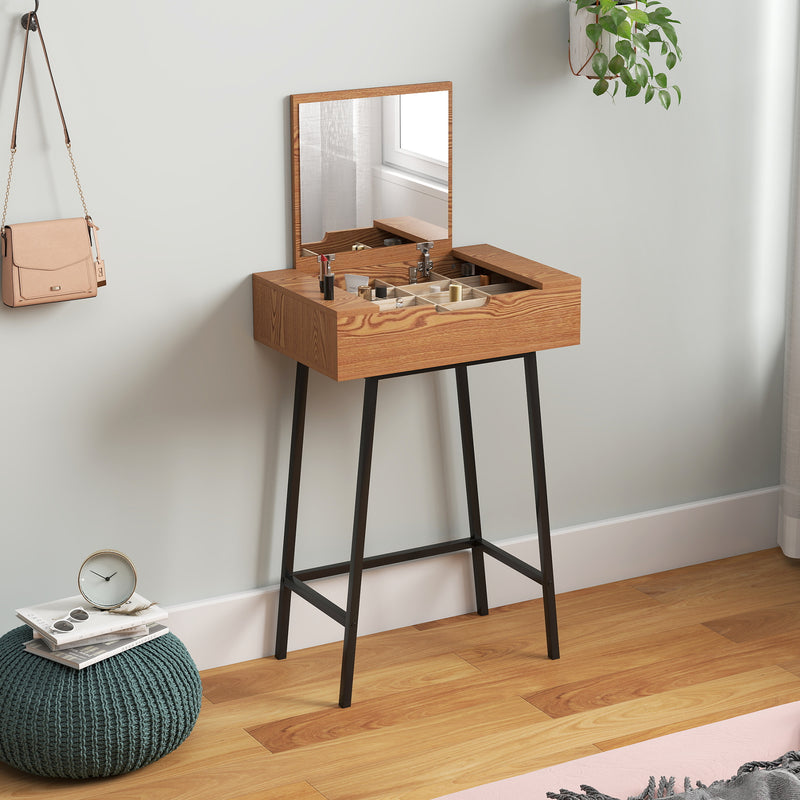 Industrial Vanity Desk with Flip Up Mirror and 16 Storage Compartments for Bedroom, Natural Wood Effect