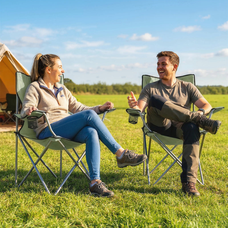 Folding Camping Chair Set of 2 with Wide Seat and Cup Holder for Garden or Trips Army Green
