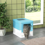 Light Blue Hooded Cat Litter Box with Scoop and Front Entry Portable Pet Toilet