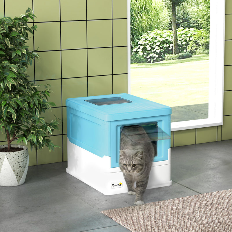 Light Blue Hooded Cat Litter Box with Scoop and Front Entry Portable Pet Toilet
