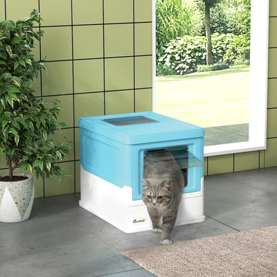 Light Blue Hooded Cat Litter Box with Scoop and Front Entry Portable Pet Toilet