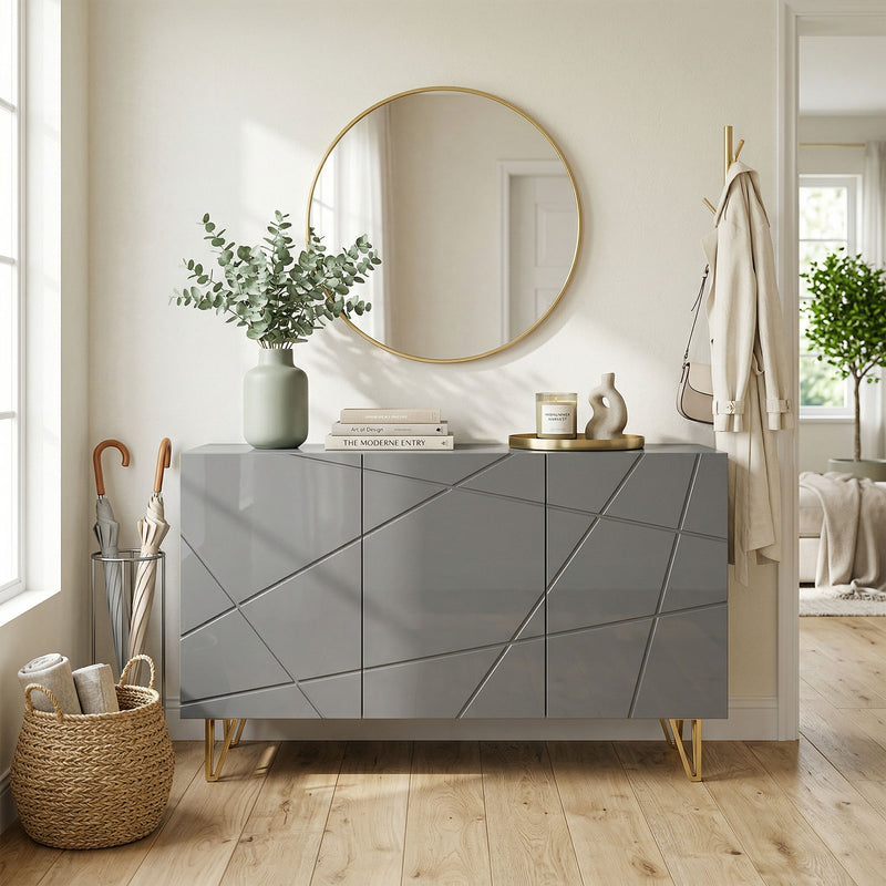 Sideboard Storage Cabinet with Adjustable Shelves for Living Room or Hallway High Gloss Grey AOSOM