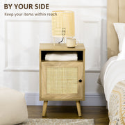 Rattan Bedside Table with Shelf and Cupboard for Bedroom Storage Natural