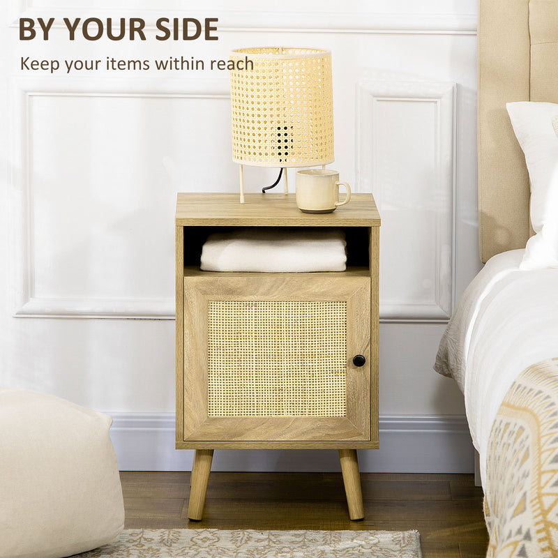 Rattan Bedside Table with Shelf and Cupboard for Bedroom Storage Natural