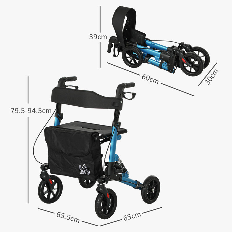 Blue Folding Rollator Walker with Seat Backrest Storage Bag and Dual Brakes by HOMCOM AOSOM