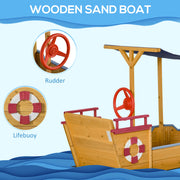 Wooden Pirate Ship Sandpit for Kids with Canopy Storage Bench and Liner Outdoor Play Brown