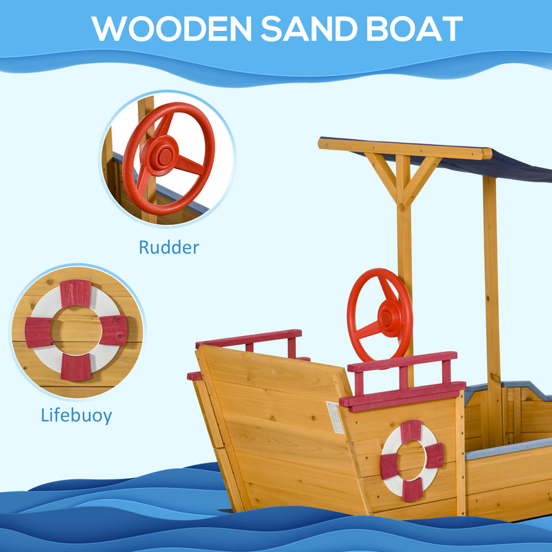 Wooden Pirate Ship Sandpit for Kids with Canopy Storage Bench and Liner Outdoor Play Brown