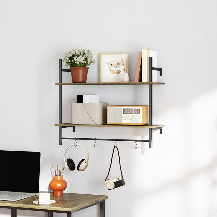 Grey Wall Mounted Floating Shelf With 4 Hooks for Living Room or Entryway by HOMCOM