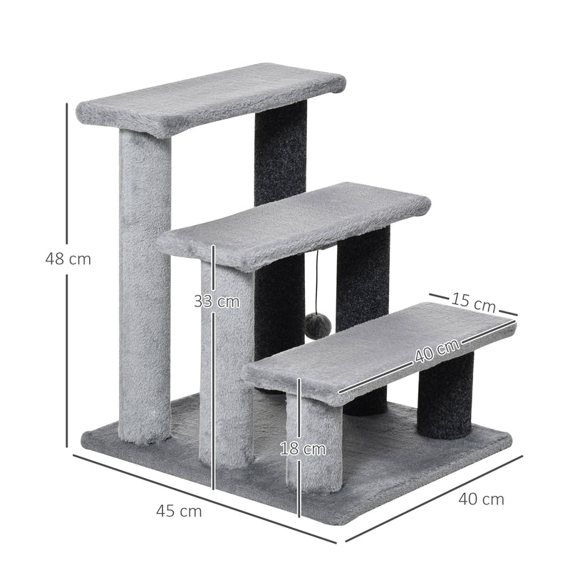 3 Step Pet Stairs with Scratching Posts and Toy Ball for Cats and Small Dogs Grey