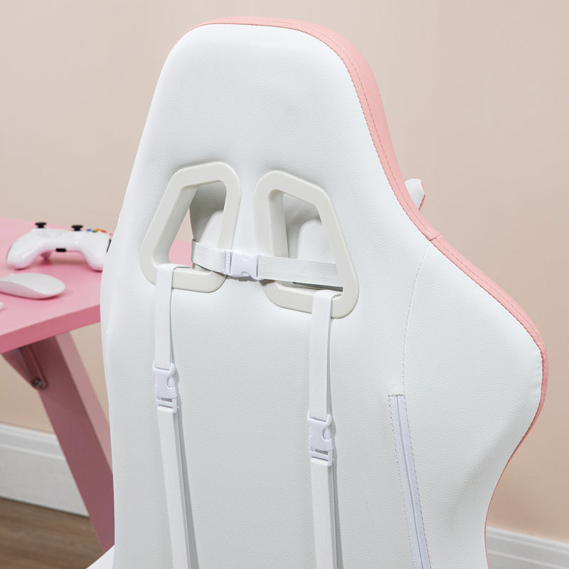 White and Pink Gaming Chair for Adults with Footrest Lumbar Support and Reclining Back