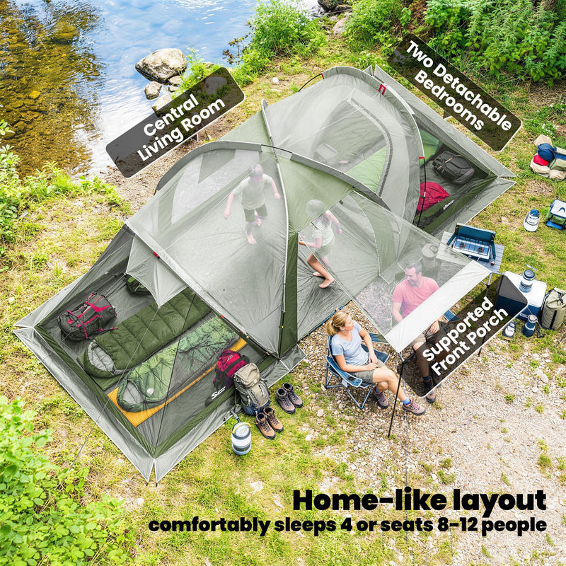 4-6 Person Waterproof Tunnel Camping Tent With 2 Bedrooms, Living Room & Porch, Green