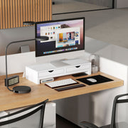 White Dual Monitor Stand Riser with Adjustable Length and Storage Drawers by HOMCOM AOSOM