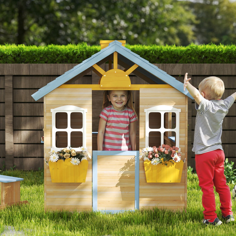 Wooden Outdoor Playhouse for Children with Bench and Plant Boxes for Creative Garden Play Blue