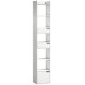 Slim Corner Bookcase with Shelves Drawers and Cabinet for Small Spaces White Wood Effect